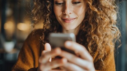 Young woman curly hair using smartphone ai service interaction digital globe interface cozy indoor setting focused expression technology connection - Powered by Adobe