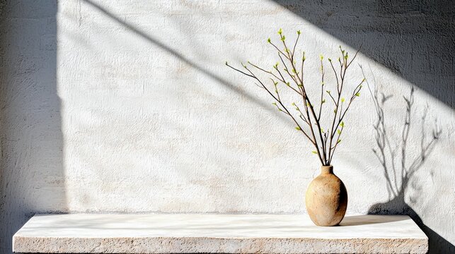 A light-colored textured wall with dramatic diagonal shadows from sunlight. A simple, round, light brown vase holds bare branches with small green buds. The vas