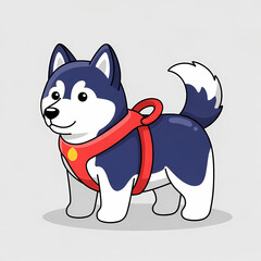 Cartoon husky dog wearing a red harness and standing on grey background  