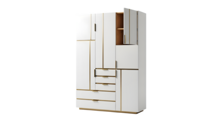 Modern white wardrobe with gold accents and storage, isolated on transparent background