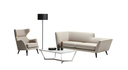 Beige sofa, armchair, coffee table, and floor lamp isolated on transparent background
