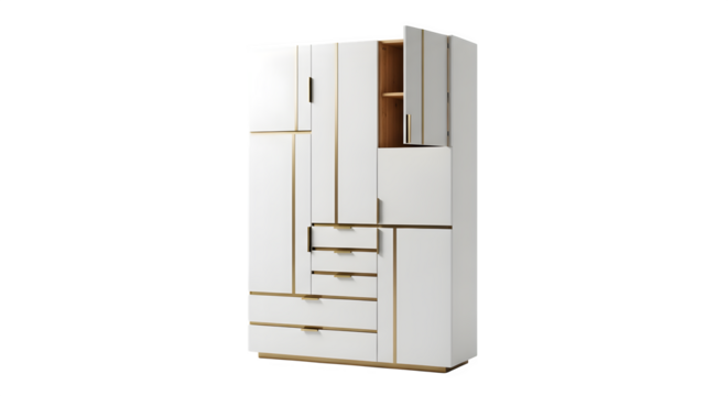 Modern white wardrobe with gold accents and storage, isolated on transparent background