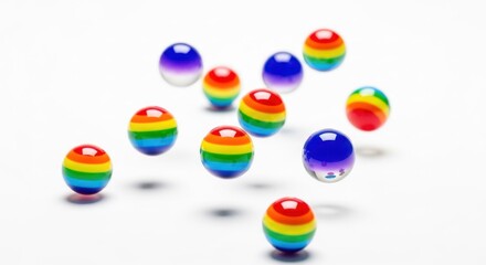 A group of colorful, rainbow-colored spheres scattered on a white background.