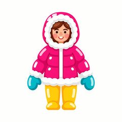 Cartoon girl wearing pink parka and yellow pants in winter attire  