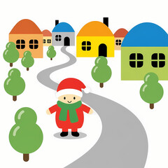 Cartoon character in Santa hat walking on snowy village road  