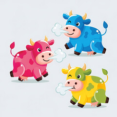 Colorful cartoon cows exhaling steam while playfully running  