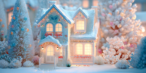 cute Christmas illustration of festive house with snow, decorated tree and cheerful holiday details