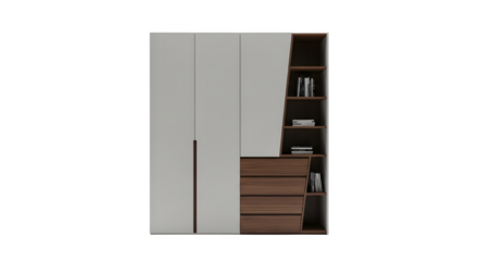 Modern grey and wood wardrobe with drawers and shelves, isolated on white isolated on transparent background
