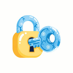 Frozen key and padlock in cartoon style with snowflake details  