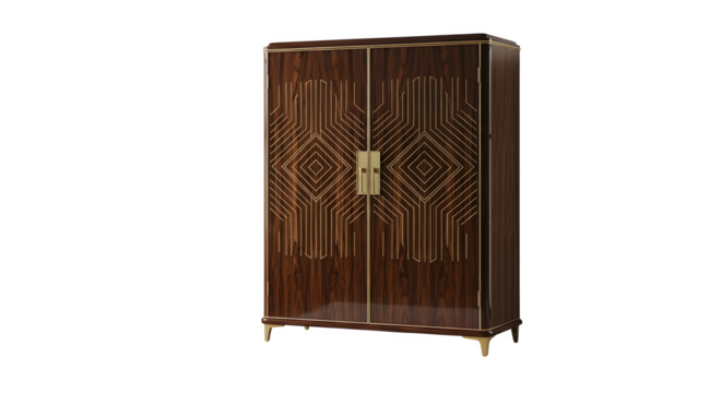 Dark wooden cabinet with intricate geometric patterns, isolated on transparent background