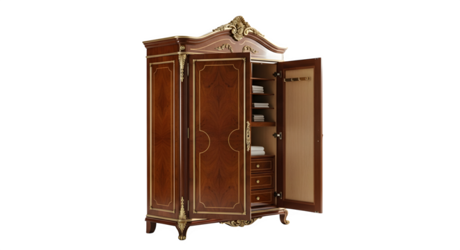 Ornate wooden wardrobe with gold accents and open door, isolated on transparent background