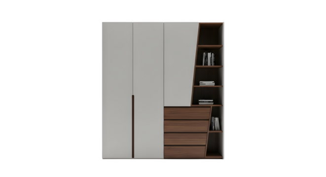 Modern grey and wood wardrobe with drawers and shelves, isolated on white isolated on transparent background