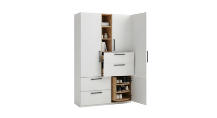 Modern white wardrobe with open doors and drawers, isolated on transparent background