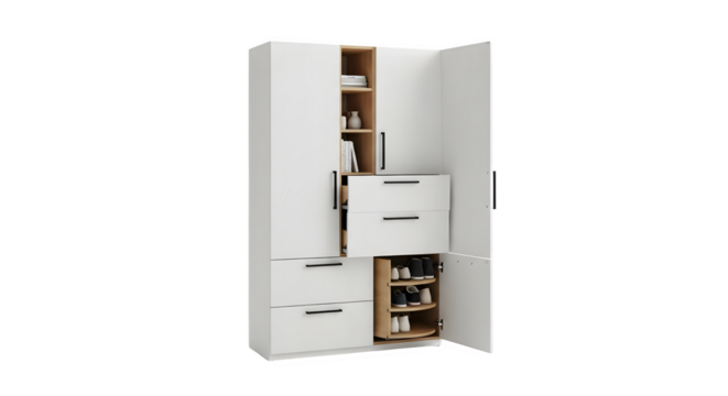 Modern white wardrobe with open doors and drawers, isolated on transparent background - Powered by Adobe