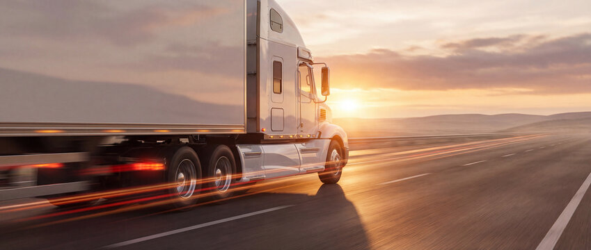 Fototapeta White trailer truck driving on empty road at sunset, cinematic speed.