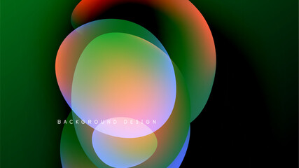 Abstract colorful shapes overlap, creating vibrant gradients. Dark background emphasizes bright hues, modern design element.