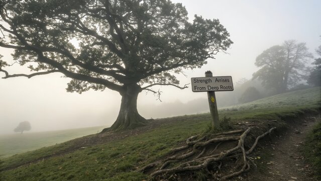 A solitary ancient oak tree with exposed roots stands majestically beside a sign in a serene, fog-laden landscape