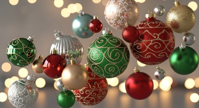 A collection of colorful Christmas ornaments against a bokeh background.