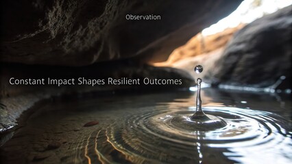 A solitary water drop impacts a still pool within a dimly lit cavern creating radiating ripples