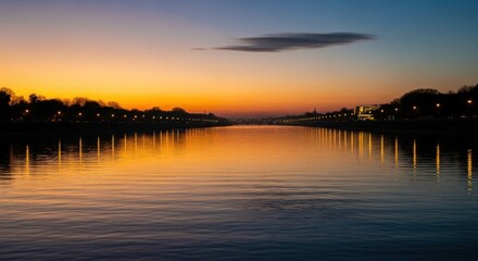 Serene Sunset Reflection on Calm Waters - A Tranquil Evening Scene.
