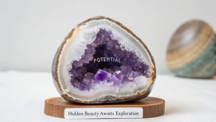 A stunning amethyst geode cracked open, showcasing sparkling purple crystals within on a wooden display stand.