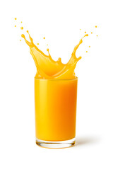 Refreshing Citrus Burst: Capturing the vibrant splash of orange juice, a transparent glass showcases the dynamic movement and refreshing appeal of this beverage.