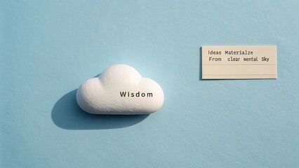 A single miniature cloud object with the word Wisdom engraved upon it, on a light blue background with a text snippet about ideas