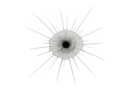 Bullet hole in a transparent surface, showing distinct radial crack patterns spreading from the central impact