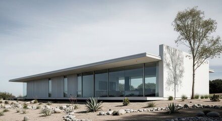Obraz premium A modern, minimalist house with large glass windows and a flat roof, surrounded by a dry, rocky landscape with a few trees.