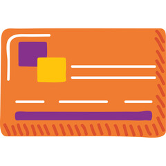 Orange Credit Card Illustration With Purple And Yellow Accents Isolated On White Background With White Stripes And Red Hatching Detail