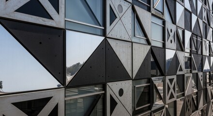 Fototapeta premium A modern architectural facade with geometric shapes and reflective glass panels.