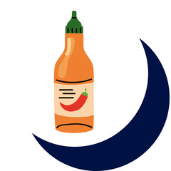 Orange Sriracha Hot Sauce Bottle With Red Chili Pepper Label And Dark Blue Crescent Moon Shape On White Background
