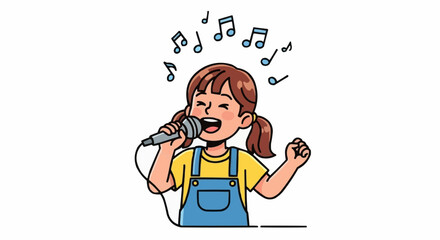 Little girl singing into microphone with musical notes.