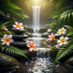 Zen Garden Tropical Spa Scene with Plumeria Flowers, Stacked Stones, Waterfall and Ferns – Relaxing Wellness and Nature Background for Meditation, Beauty, Spa and Retreat Marketing