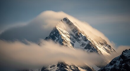 A majestic snow-capped mountain peak emerges through soft, flowing clouds, illuminated by the warm golden light of a beautiful sunrise against a clear blue sky