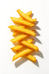 Golden Fries Stacked: A tempting composition showcases golden, crispy fries, their textures and colors inviting immediate indulgence