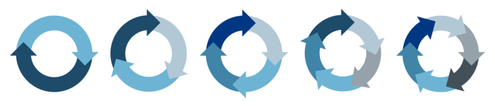 青系カラーの回転サイクル図(回転矢印、円形フロー図)セット　2・3・4・5・6要素の循環プロセス矢印ベクターイラストテンプレート 
