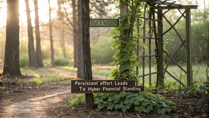 Ascension Signpost and Vine Guiding Towards Higher Financial Standing in a Serene Natural Environment