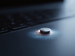 Fingerprint scanner on a laptop, symbolizing security, access,  biometrics. Excellent for tech, cybersecurity, data protection,  digital identity themes.