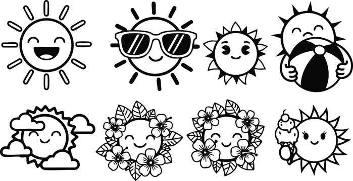 Cheerful sun illustrations in various styles for vibrant designs and joyful themes 
