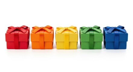 A row of colorful gift boxes with ribbons on a white background.