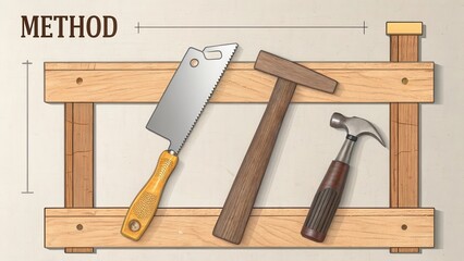 An assortment of essential woodworking tools, including a saw, a hammer, and another hammer, neatly arranged