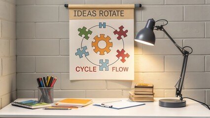 Circular diagram illustrating "Ideas Rotate Cycle Flow" using puzzle pieces and gears, displayed on a desk with office supplies