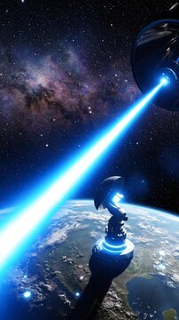 Massive Space Station Fires Blue Energy Beam At Earth Orbit During Cosmic Starry Night Sky