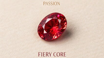 An oval cut vibrant red ruby gemstone with fiery core reflections on a textured background, representing passion