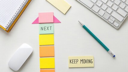 Colorful sticky notes arranged in a prominent arrow shape pointing upwards on a desk, conveying progress and a forward moving message.