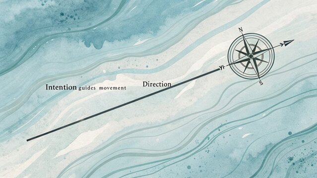 Compass guiding direction across swirling muted watercolor sea