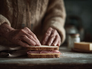 Warm image of aging hands making a simple sandwich. Evokes home, care, nourishment, and tradition. Ideal for themes of aging, food, family,  lifestyle.