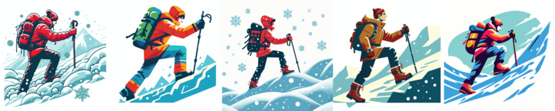 vector man climbing snowy hill