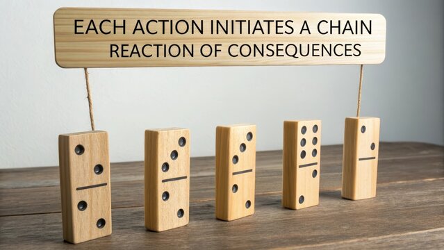 Five precisely carved wooden dominoes standing upright in a row on a textured surface, symbolizing a chain reaction of consequences.
